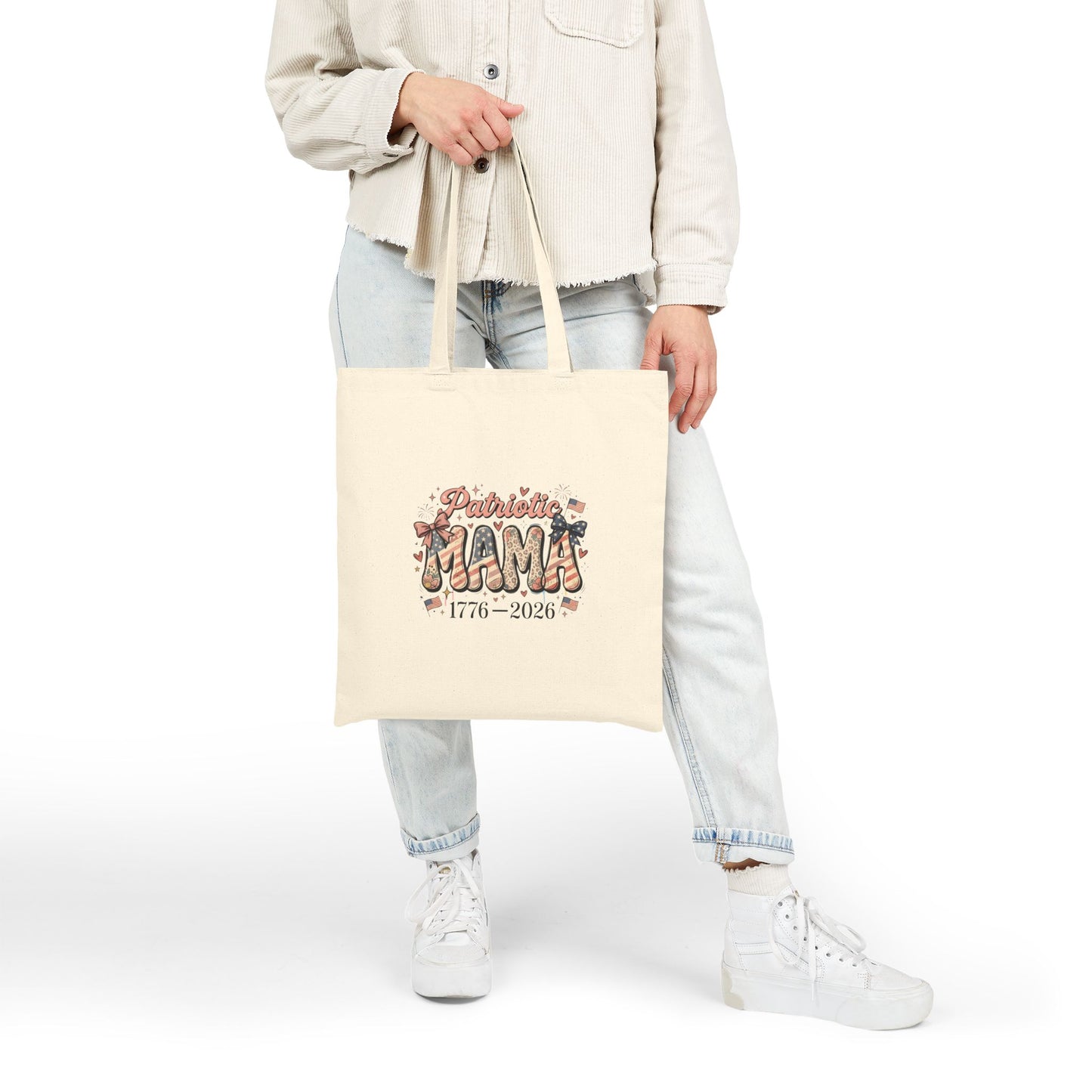 #250 Patriotic Mama 1776–2026 American Flag Canvas Tote Bag