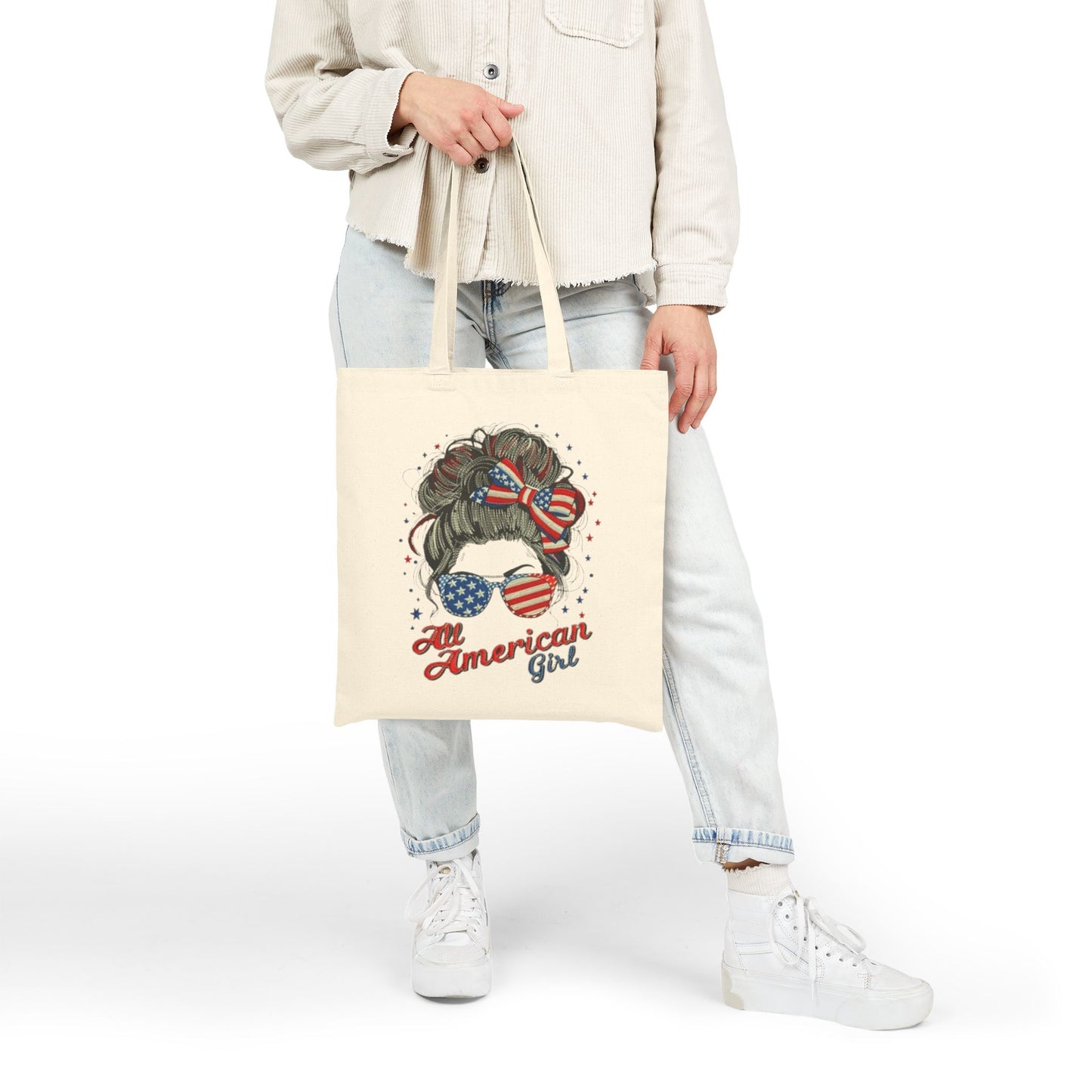 #250 "All American Girl" Patriotic Messy Bun Canvas Tote Bag