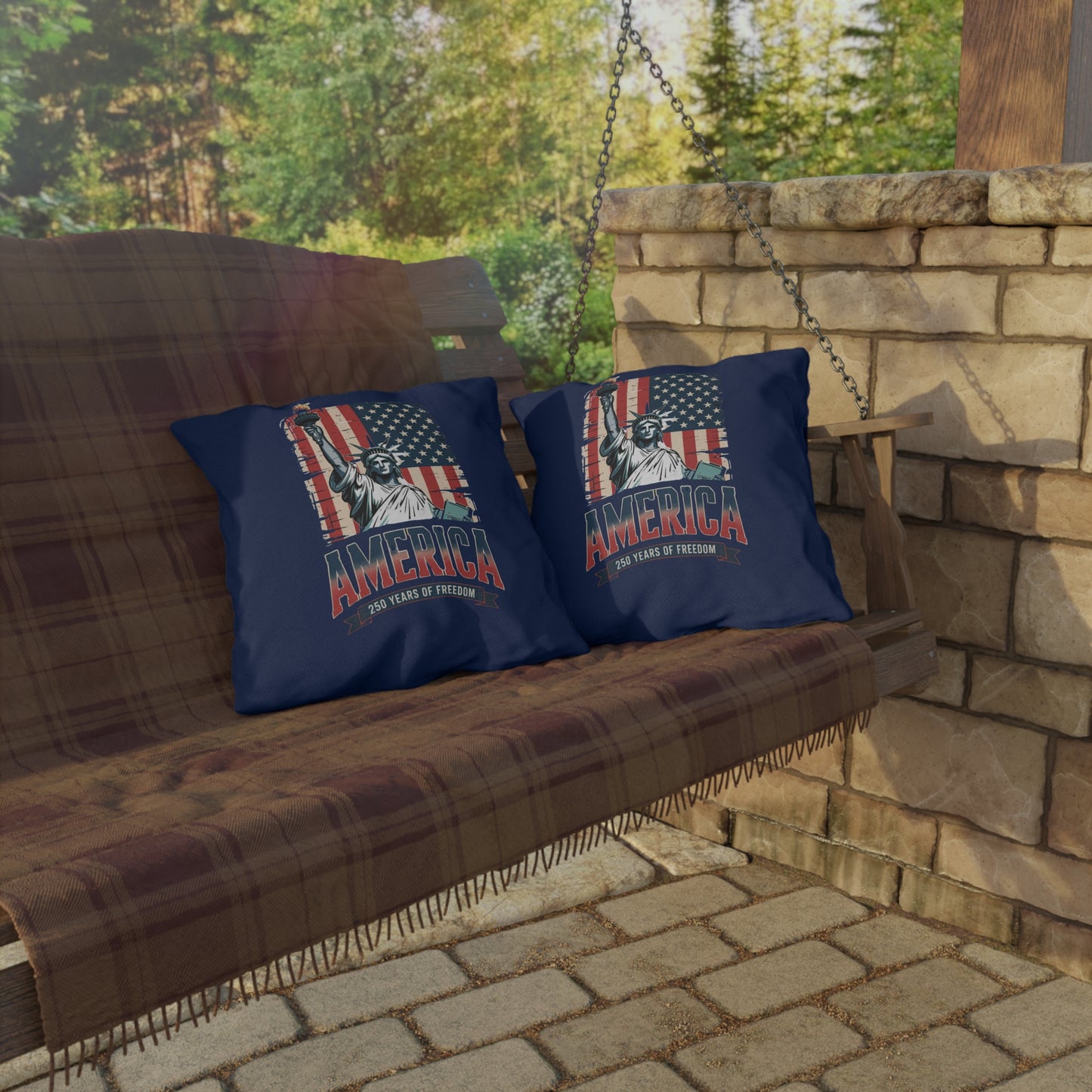 #250 Statue of Liberty American Flag 'America' Patriotic Independence Day Outdoor Throw Pillow