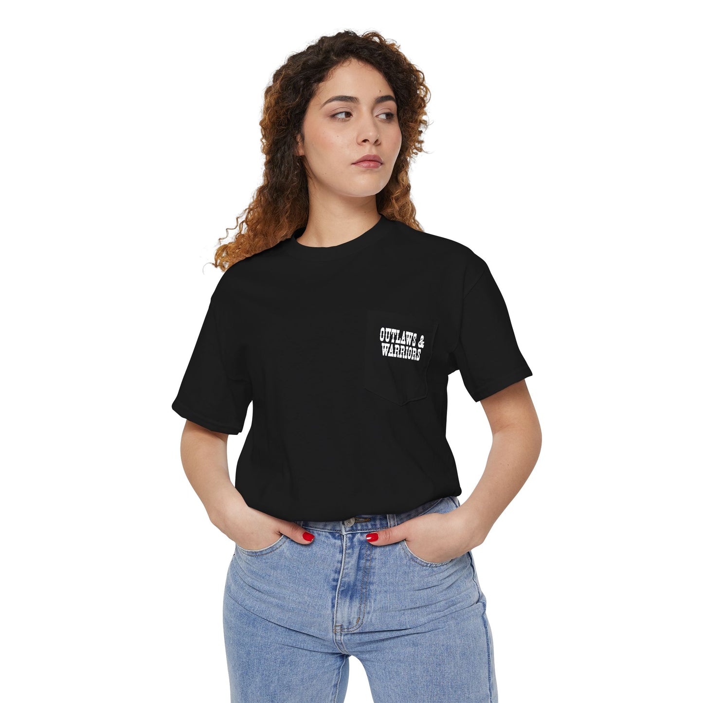 Outlaws & Warriors 100% Cotton Pocket T-Shirt — Minimal Pocket Logo with Graphic On Back