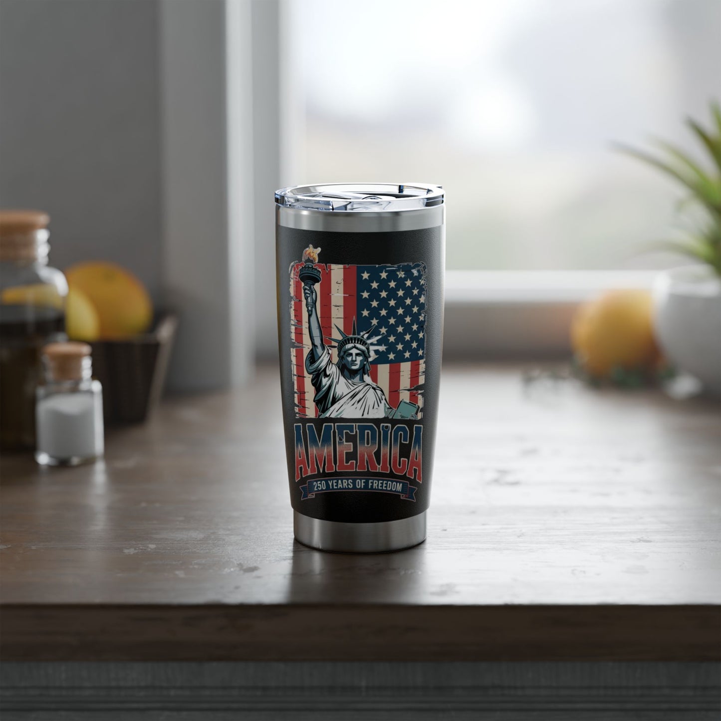 #250 Statue of Liberty American Flag 'America' Patriotic Independence Day Vagabond 20oz Tumbler Stainless Travel Cup