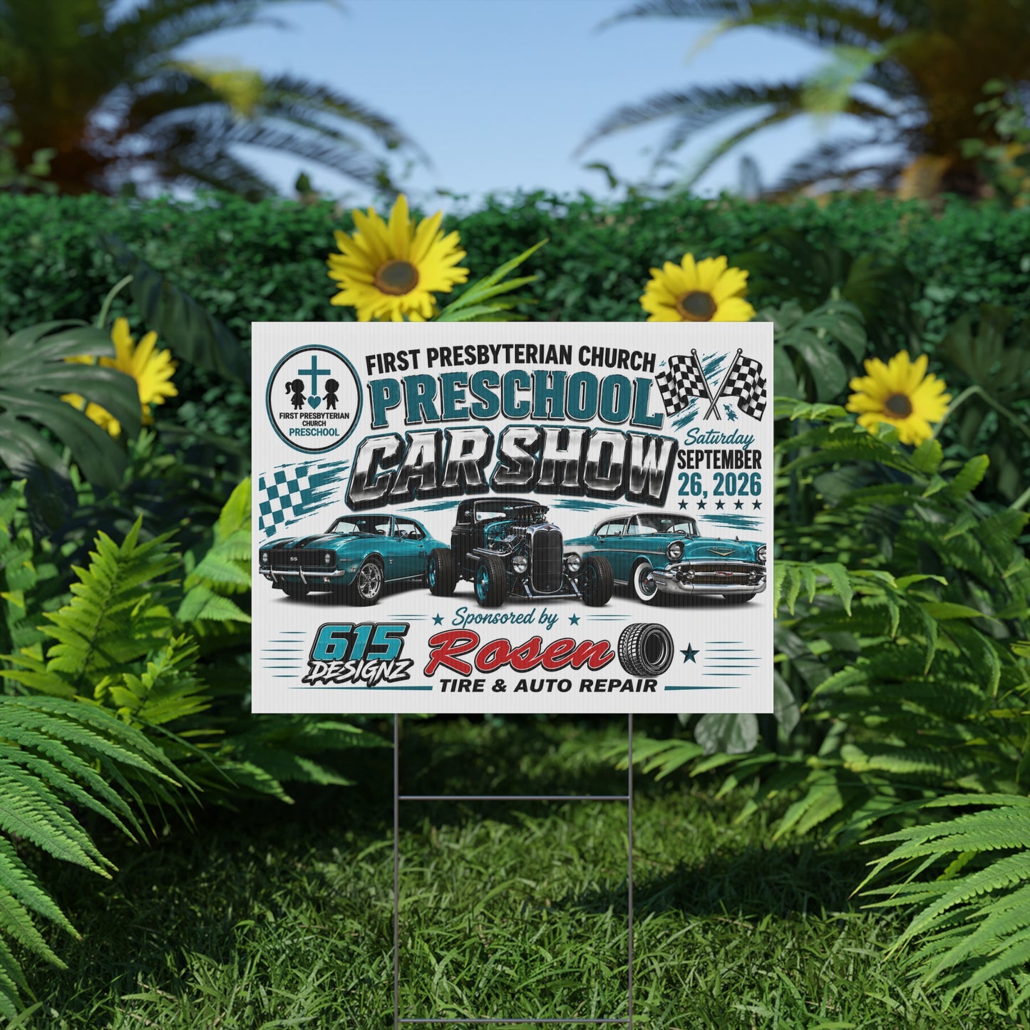 Plastic Yard Sign — Preschool Car Show Fundraiser Sign (First Presbyterian Church, Sept 26, 2026)