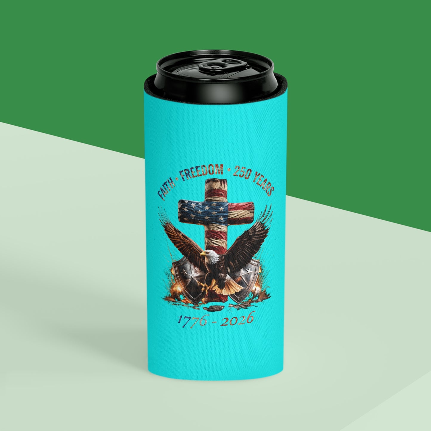 #250 Faith • Freedom 250 Years American Flag Cross & Eagle 1776-2026 Can Cooler - Beverage Koozie
