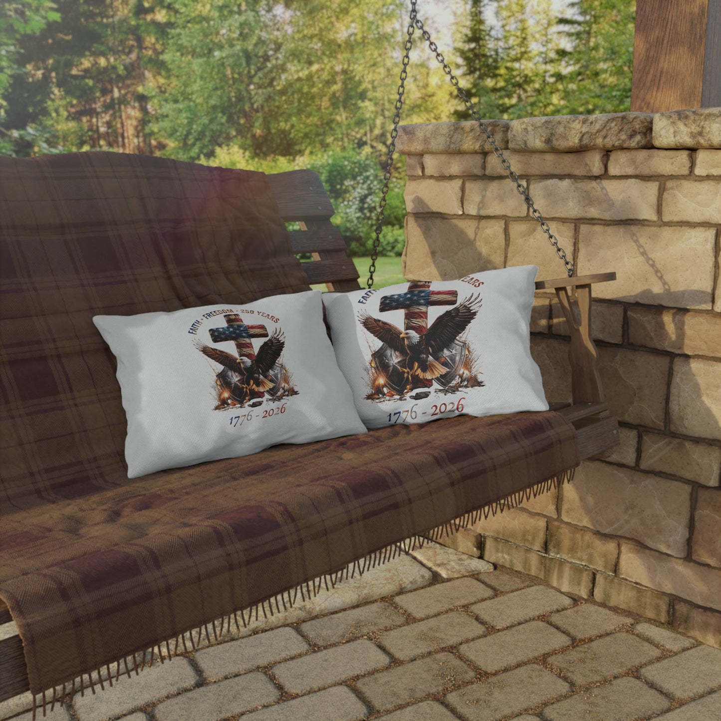 #250 Faith • Freedom 250 Years American Flag Cross & Eagle 1776-2026 Outdoor Throw Pillow
