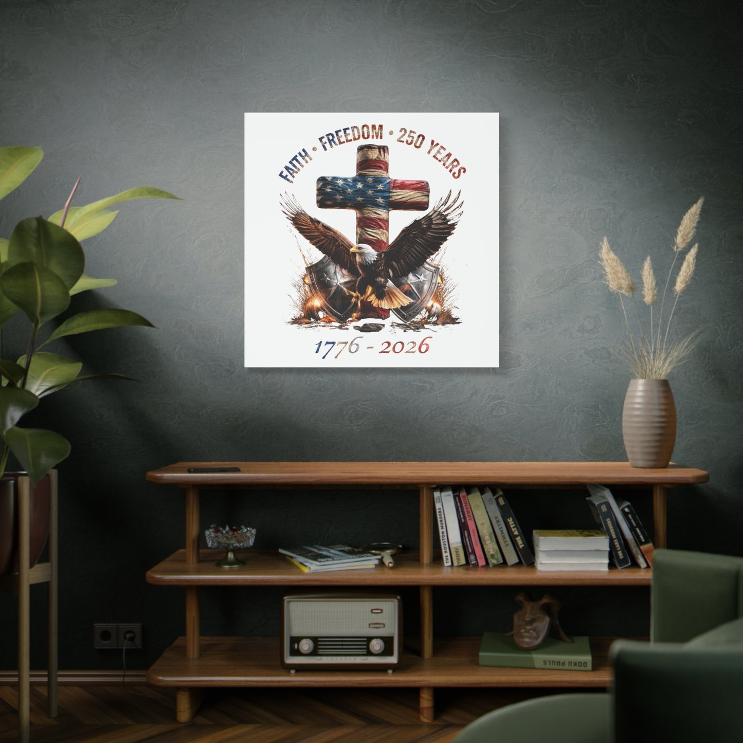 #250 Faith • Freedom 250 Years American Flag Cross & Eagle 1776-2026 Matte Canvas Wall Art
