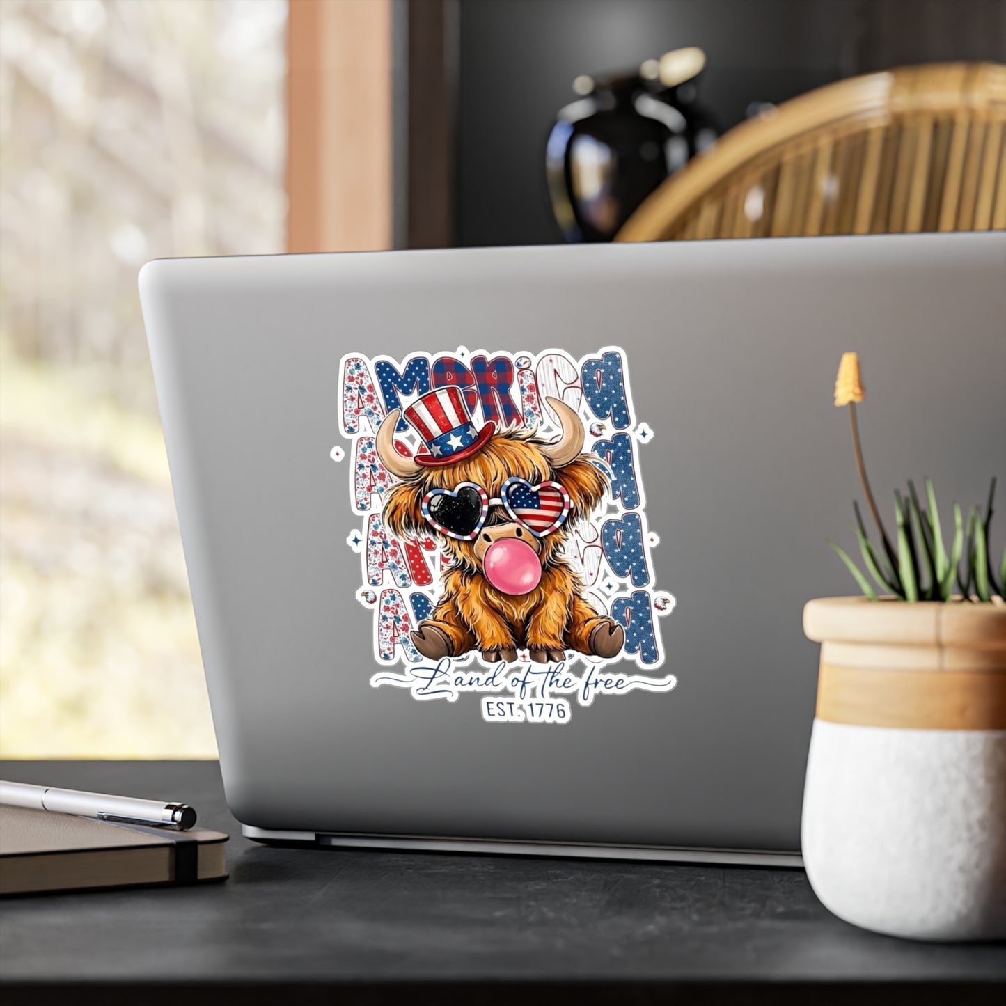 #250 American Flag Bubblegum Patriotic Highland Cow Vinyl Sticker Kiss-Cut Decal (Fourth of July)