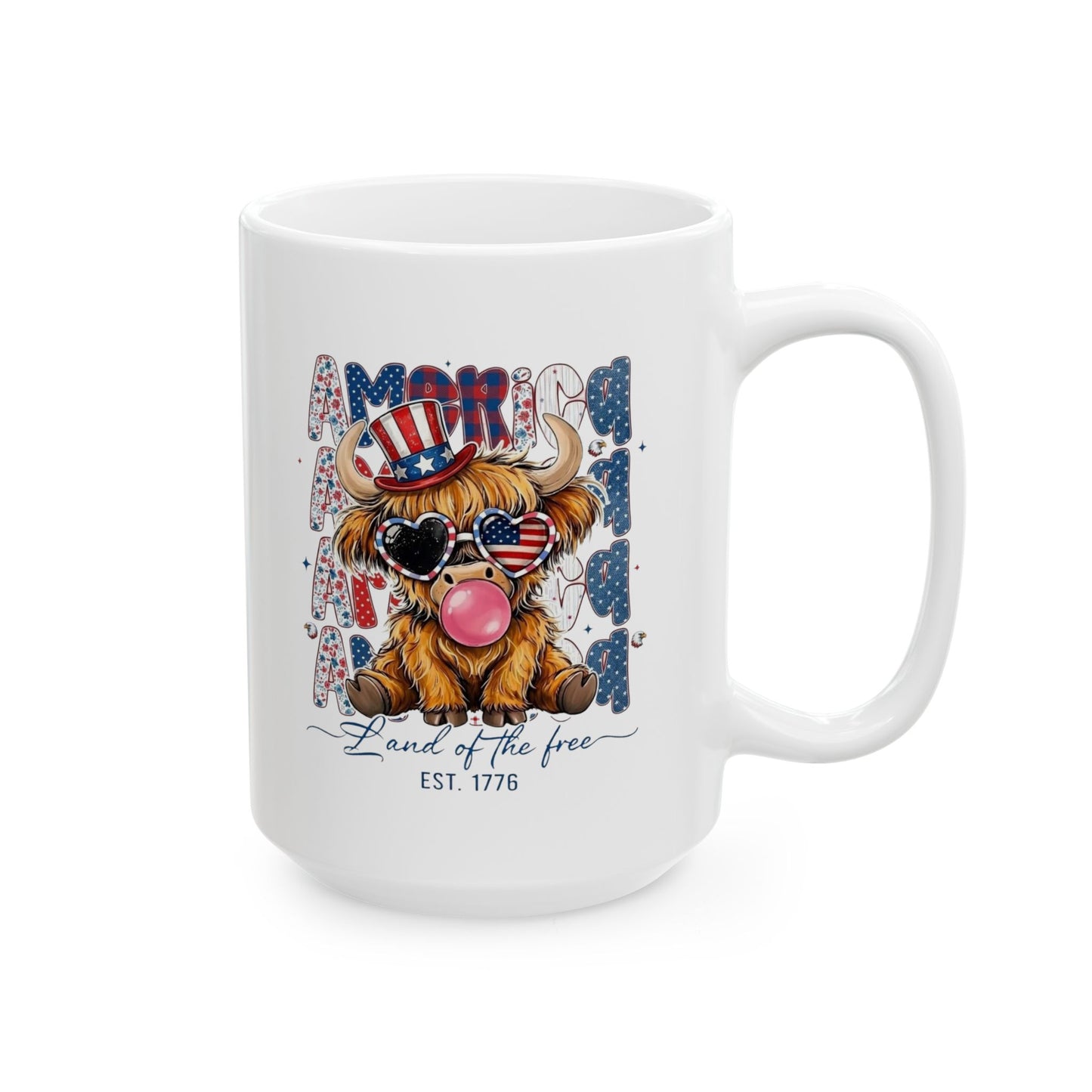 #250 American Flag Bubblegum Patriotic Highland Cow Ceramic Mug - 11oz & 15oz