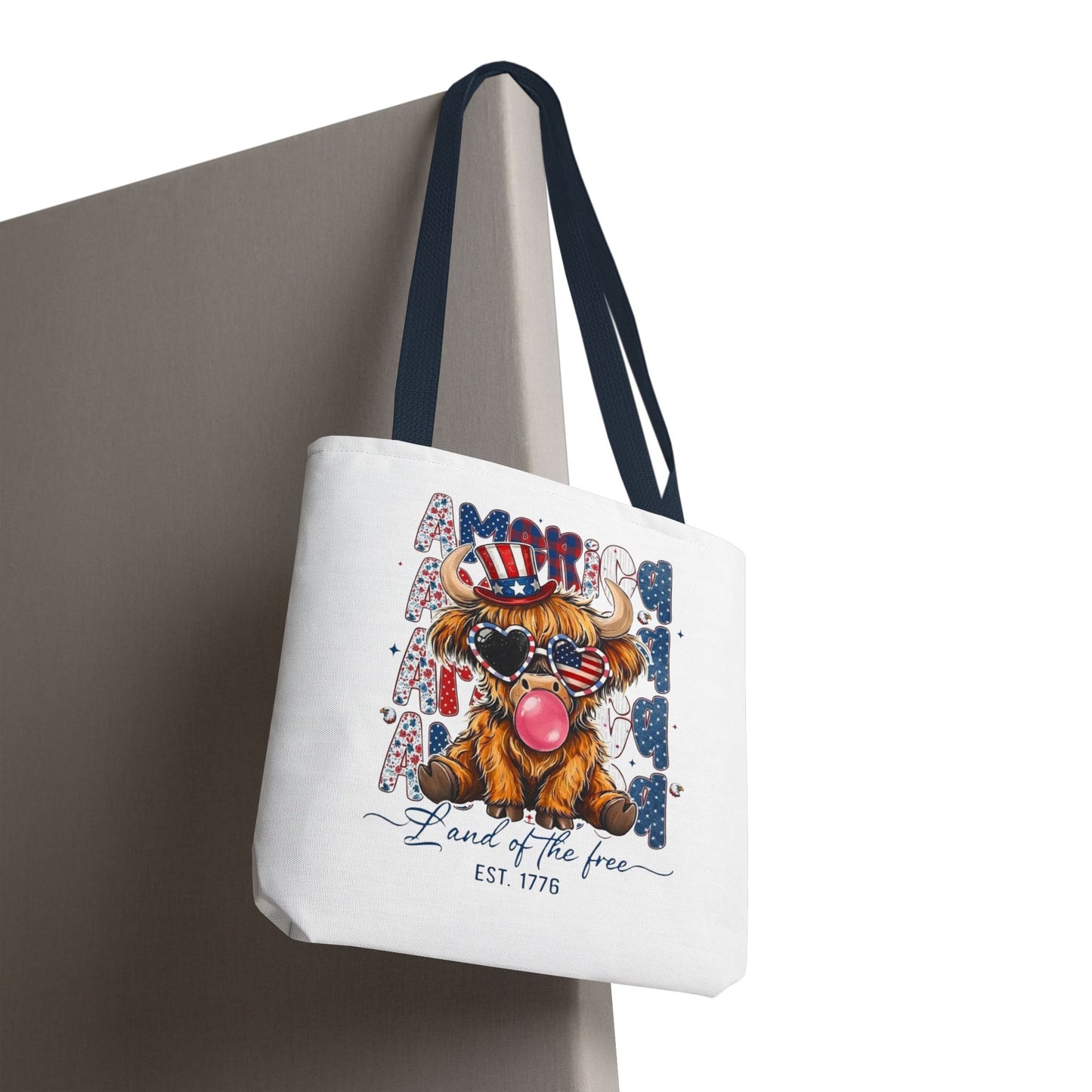 #250 American Flag Bubblegum Patriotic Highland Cow Tote Bag