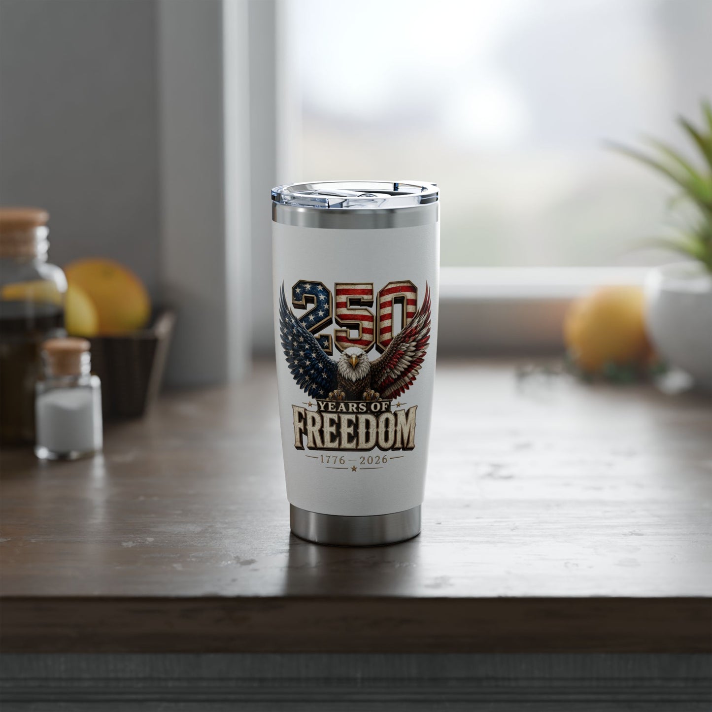 #250 250 Years of Freedom Eagle Patriotic American Flag Anniversary (1776–2026) Vagabond 20oz Tumbler Stainless Travel Cup