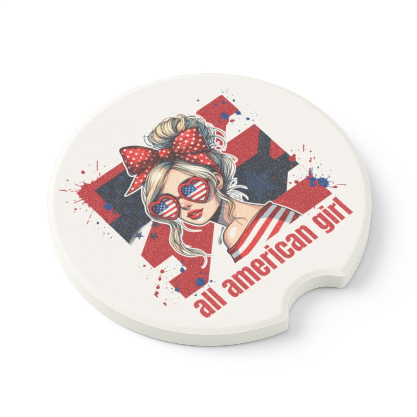 #250 All American Girl Patriotic Soapstone Car Coaster – Patriotic Independence Day Car Mug Holder