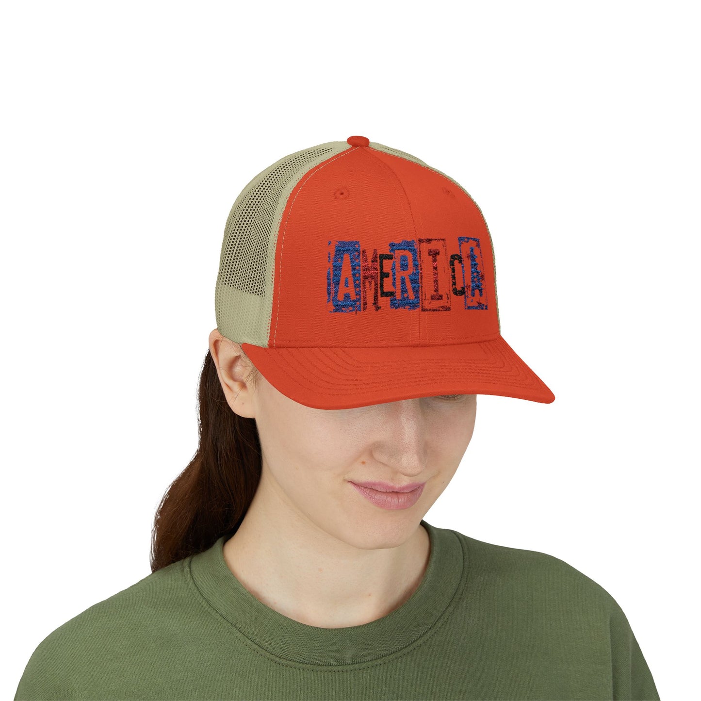 #250 America Retro Block Text Patriotic Snapback Trucker Cap