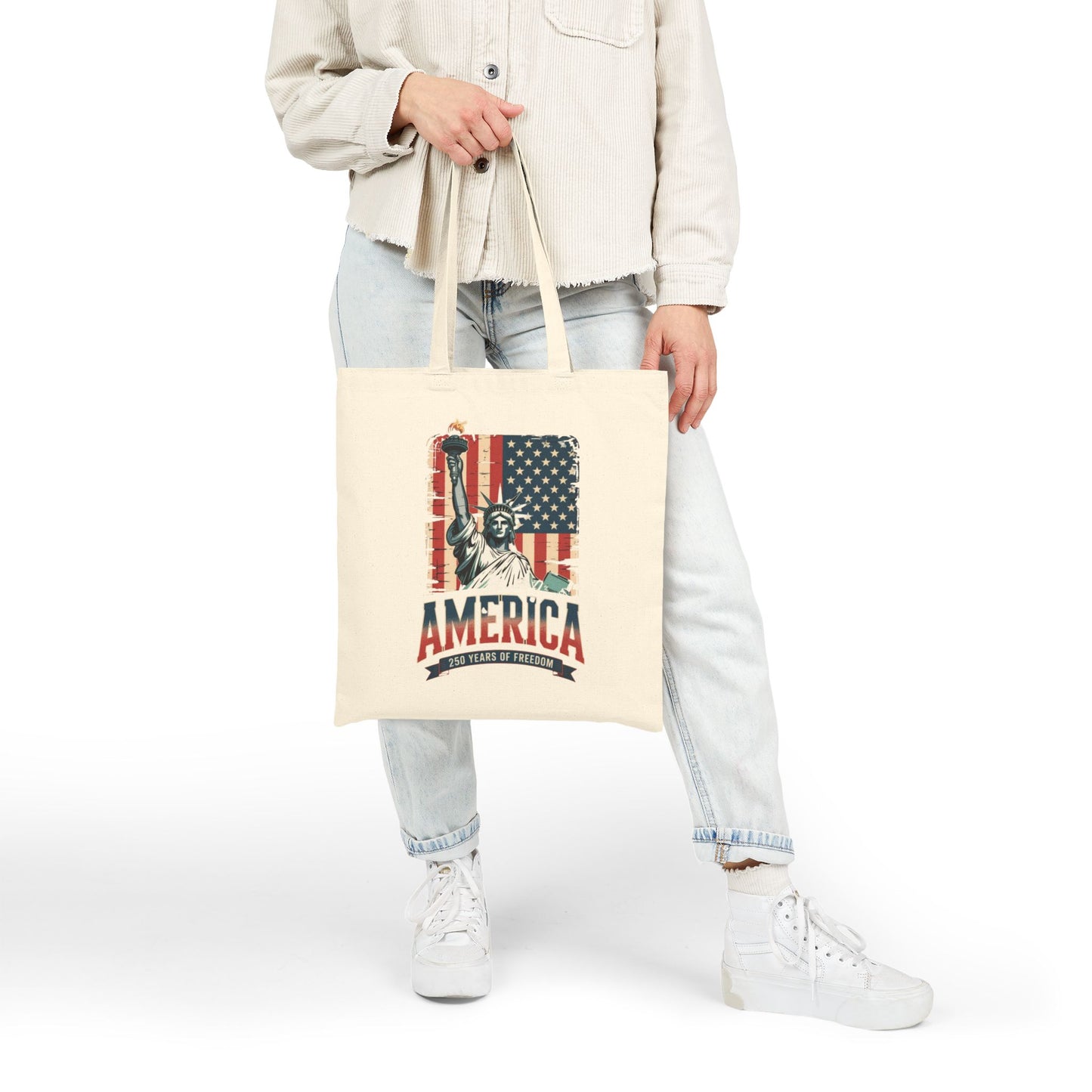 #250 Statue of Liberty American Flag 'America' Patriotic Independence Day Canvas Tote