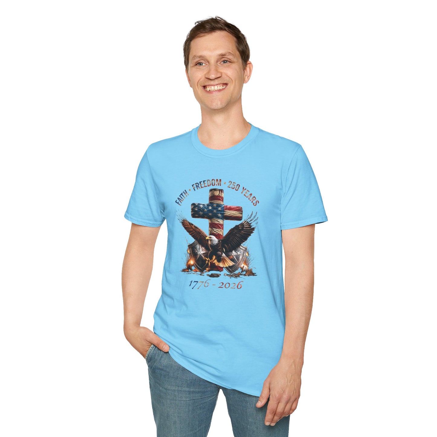 #250 Faith • Freedom 250 Years American Flag Cross & Eagle 1776-2026 T-Shirt
