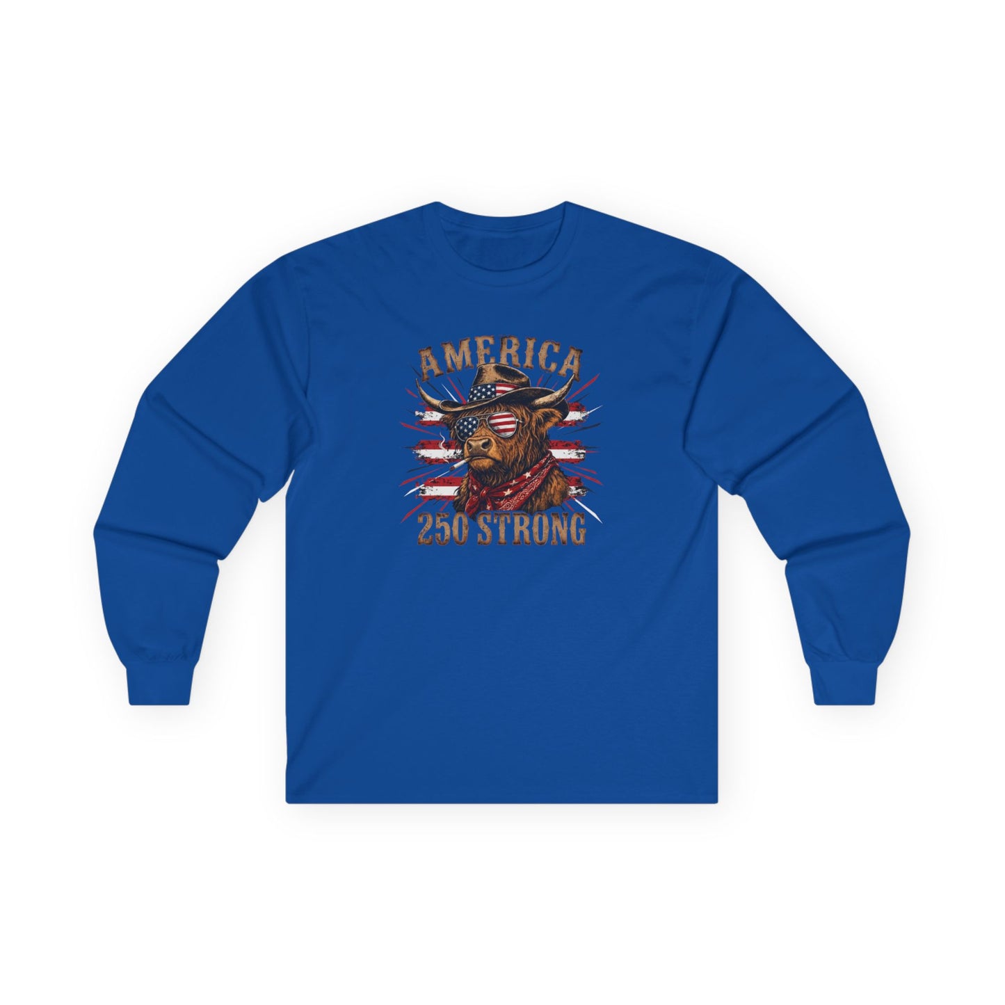 #250 America 250 Strong Patriotic Bull with American Flag Long Sleeve Tee