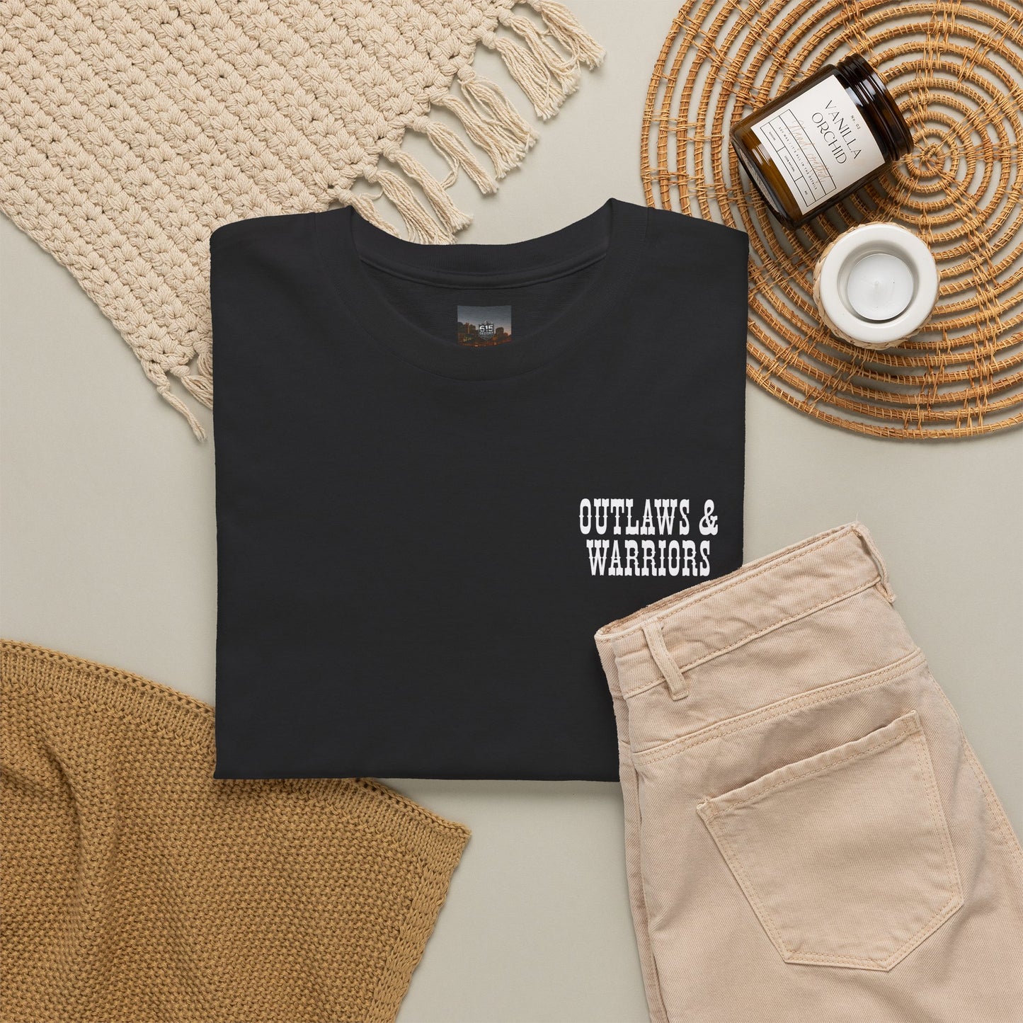 Outlaws & Warriors 100% Cotton T-Shirt — Minimal Chest Logo with Graphic On Back