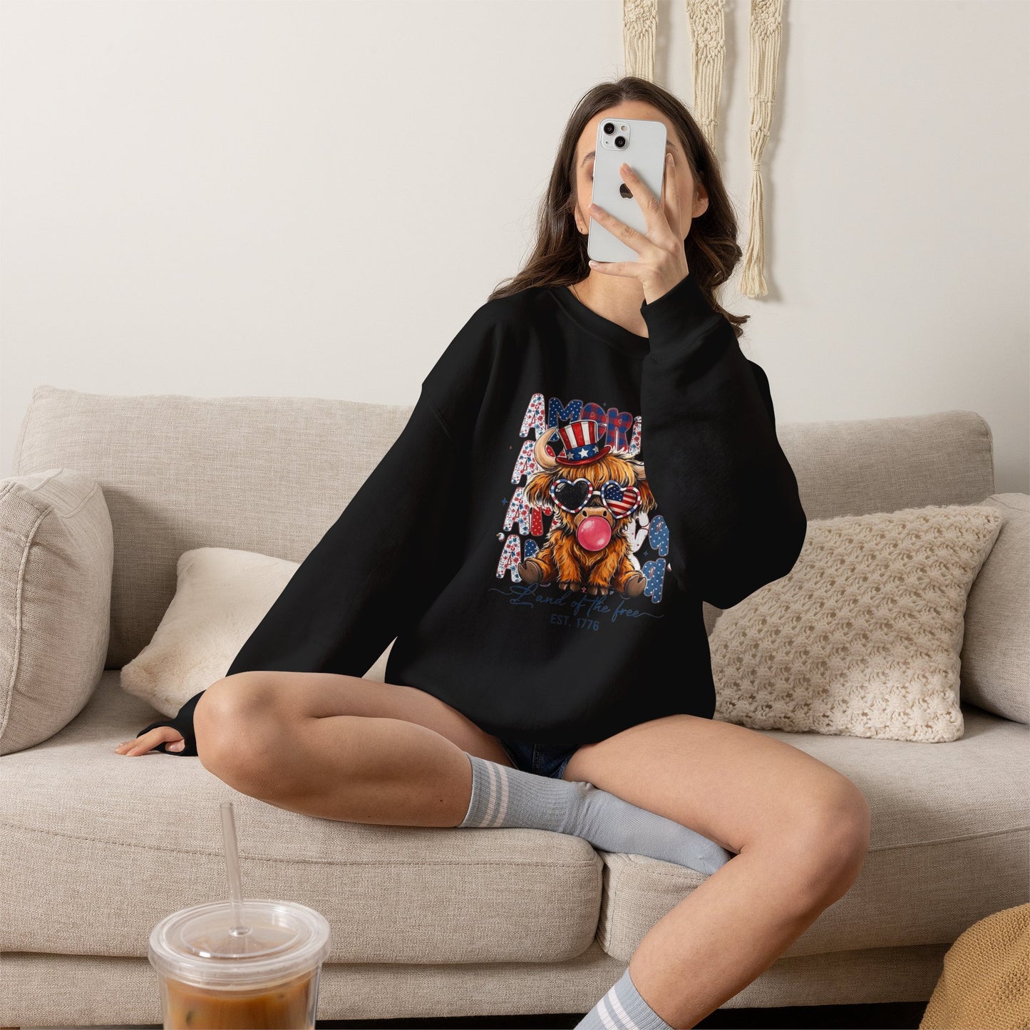 #250 American Flag Bubblegum Patriotic Highland Cow Sweatshirt