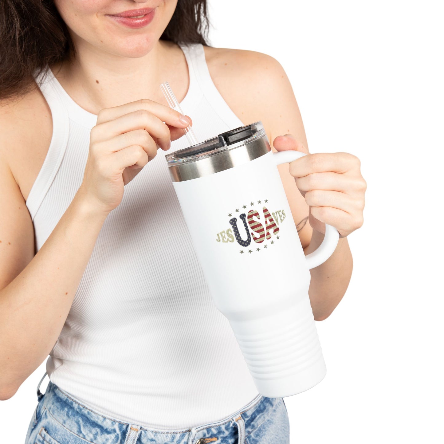 JesUSAves Patriotic 40oz Insulated Travel Mug – American Flag Christian Faith Steel Tumbler