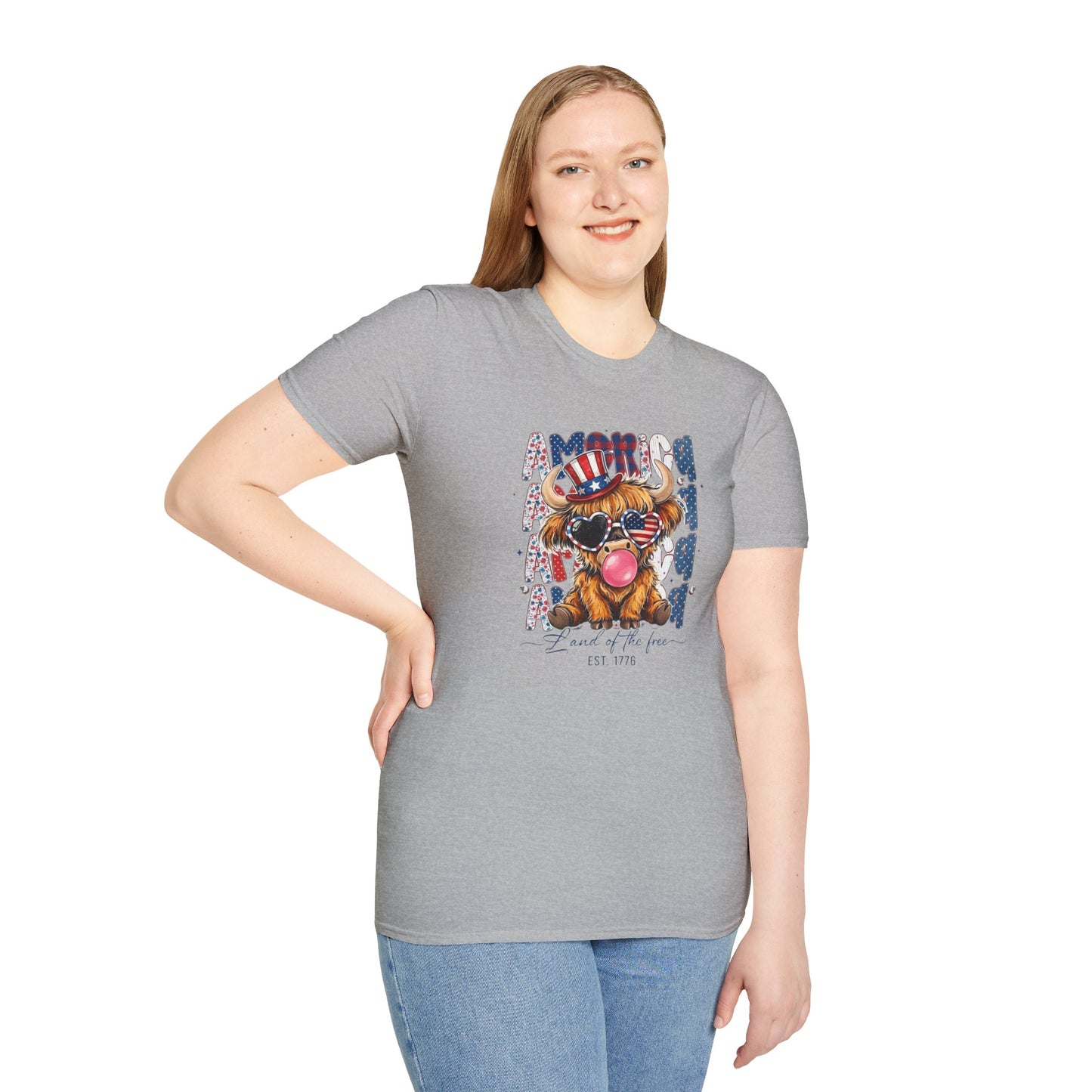 #250 American Flag Bubblegum Patriotic Highland Cow T-Shirt
