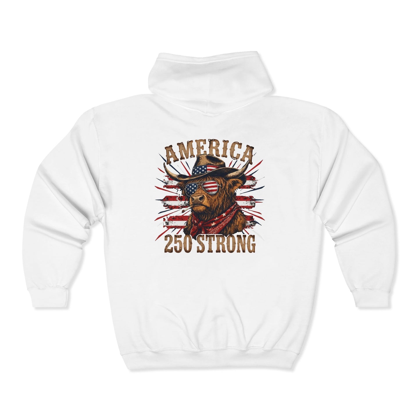 #250 America 250 Strong Patriotic Bull with American Flag Zip Hoodie