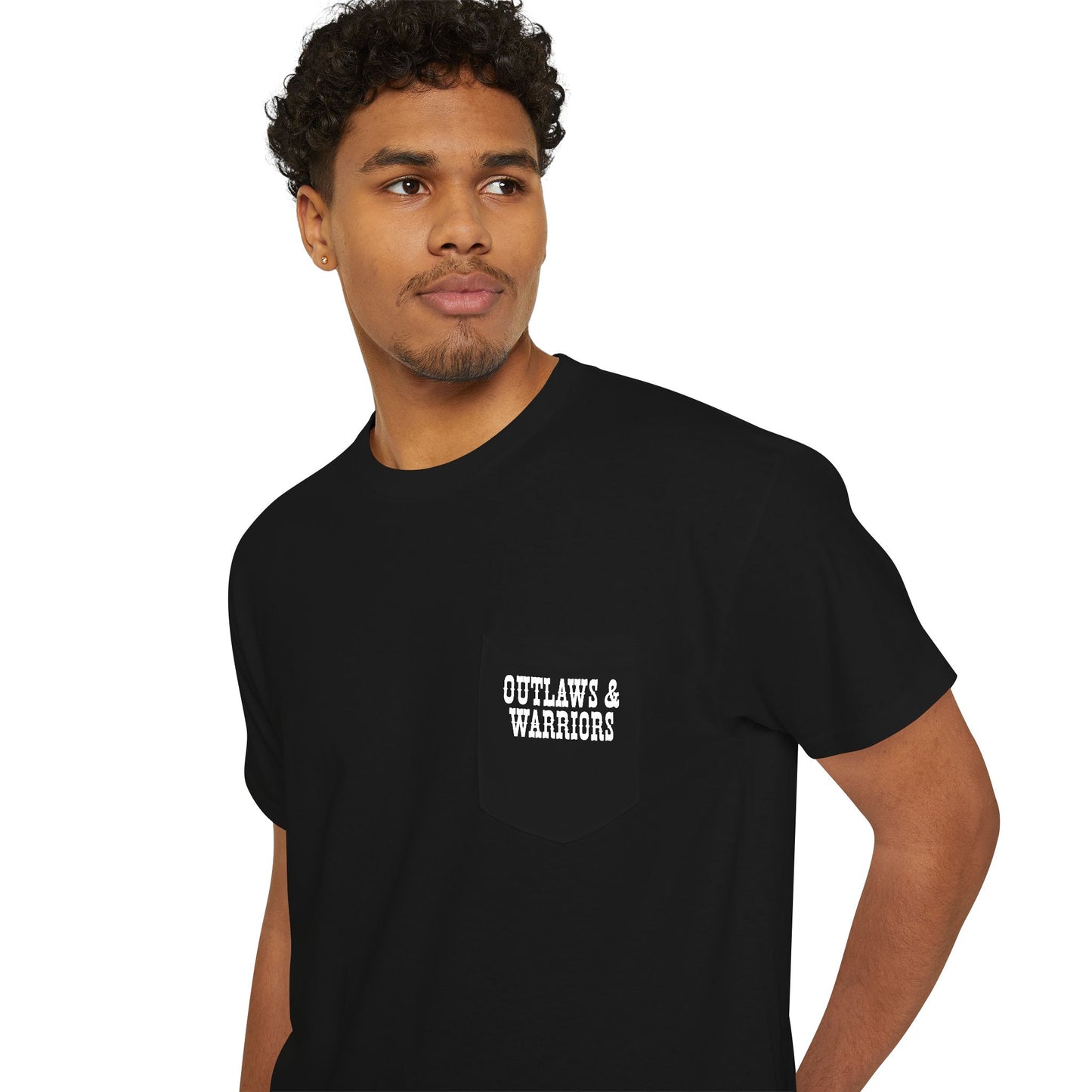 Outlaws & Warriors 100% Cotton Pocket T-Shirt — Minimal Pocket Logo with Graphic On Back