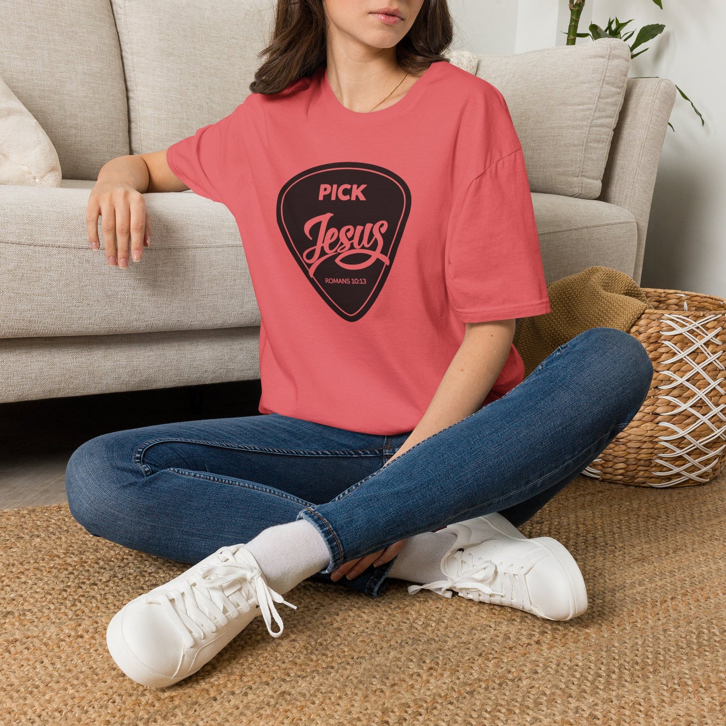 Pick Jesus T-Shirt — Christian Guitar Pick Design (Romans 10:13)