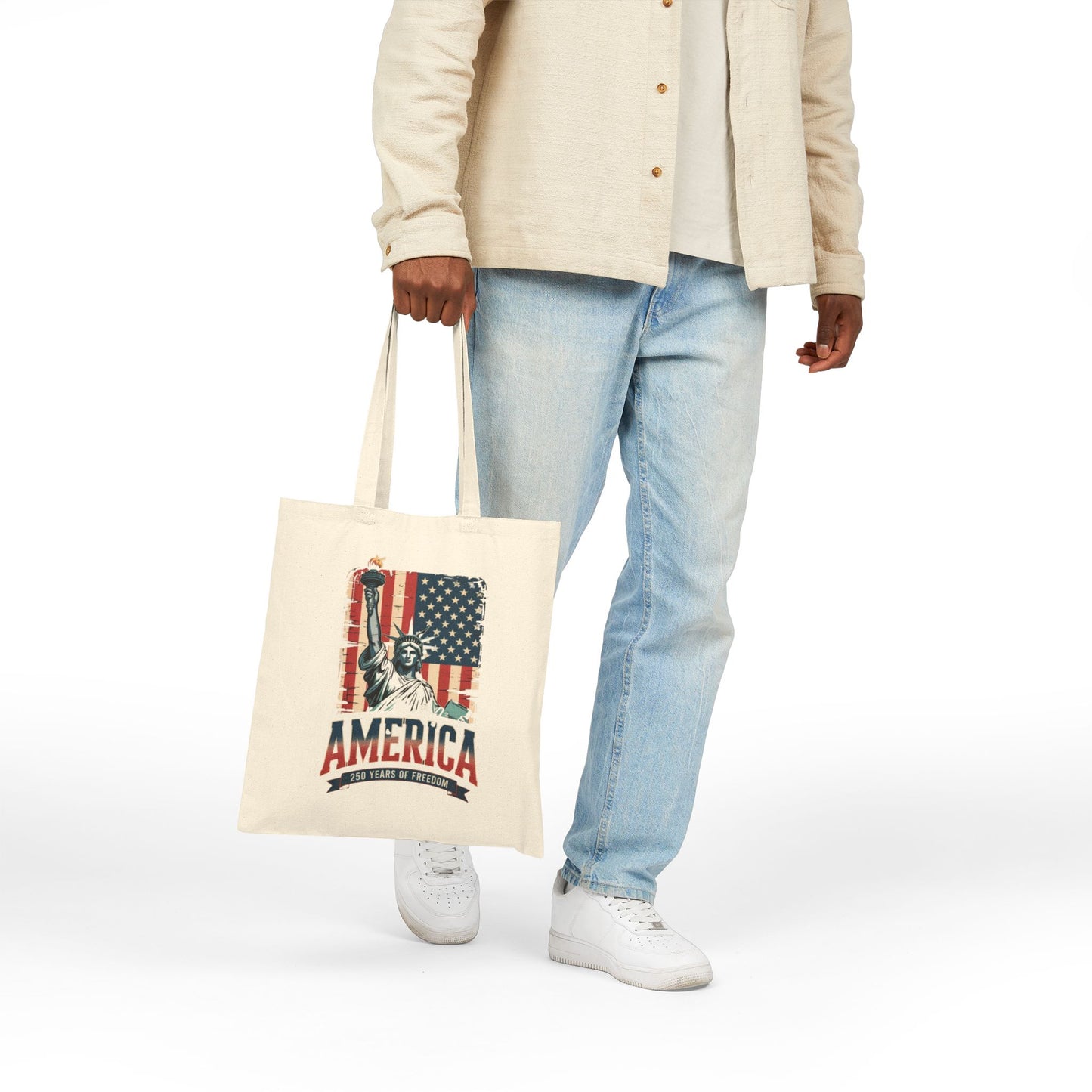 #250 Statue of Liberty American Flag 'America' Patriotic Independence Day Canvas Tote