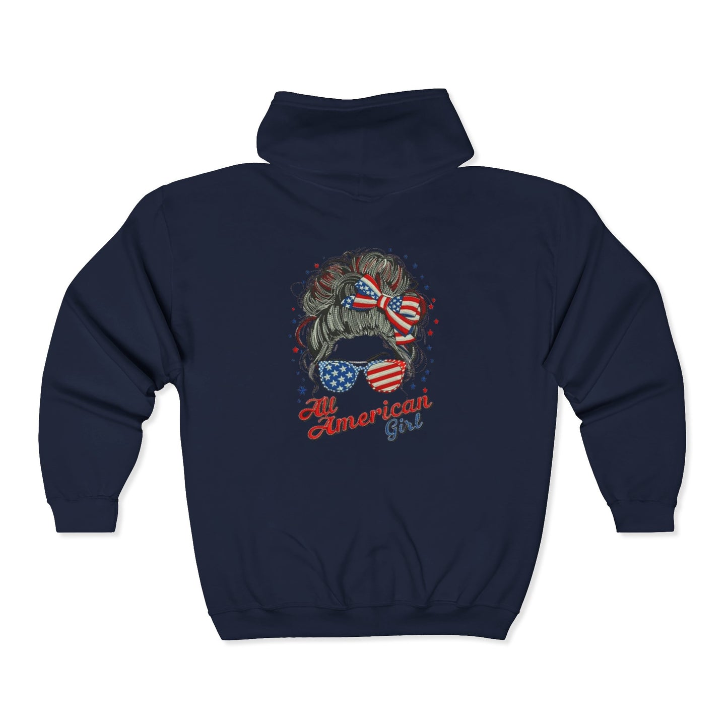 #250 "All American Girl" Patriotic Messy Bun Zip Hoodie