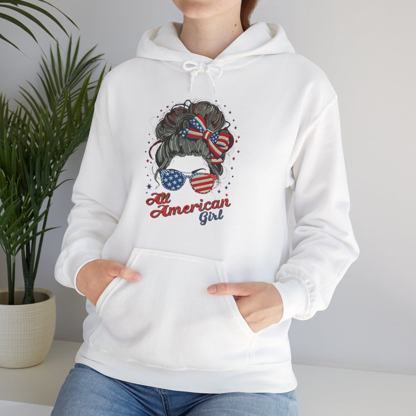 #250 "All American Girl" Patriotic Messy Bun Hoodie