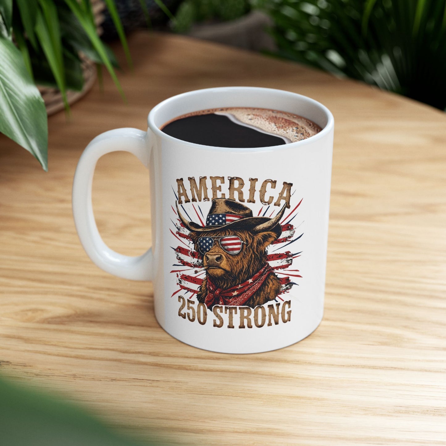 #250 America 250 Strong Patriotic Bull with American Flag Ceramic Mug - 11oz & 15oz