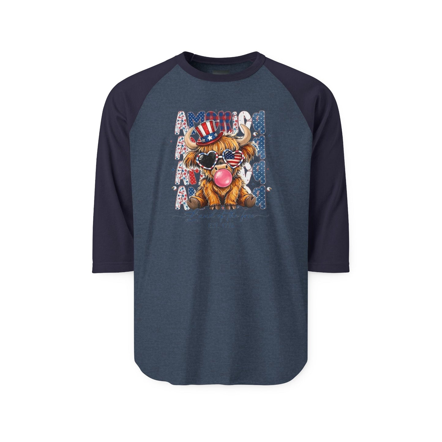 #250 American Flag Bubblegum Patriotic Highland Cow Raglan 3/4 Sleeve Baseball Tee