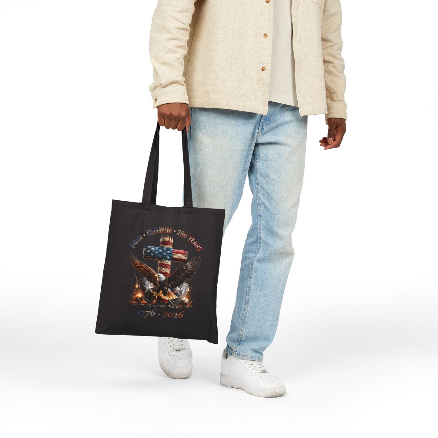 #250 Faith • Freedom 250 Years American Flag Cross & Eagle 1776-2026 Canvas Tote