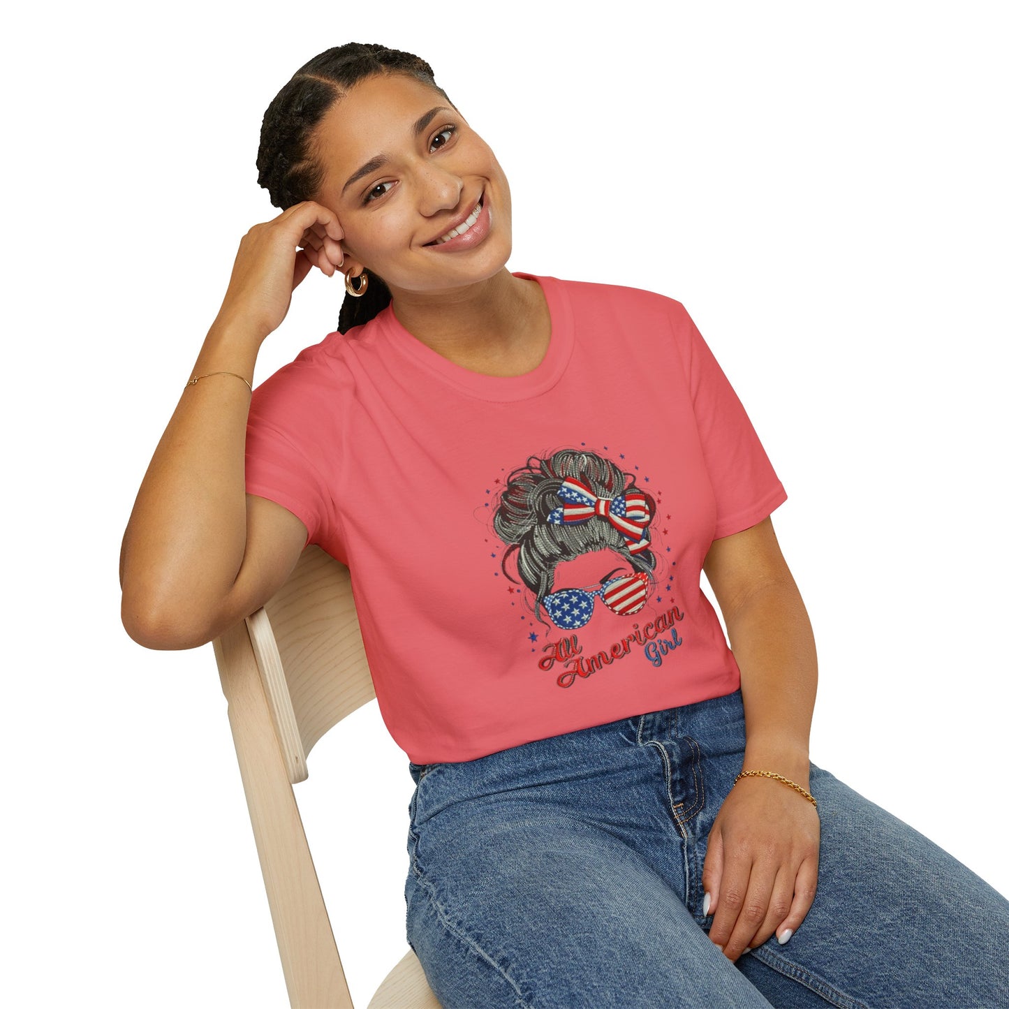 #250 "All American Girl" Patriotic Messy Bun T-Shirt
