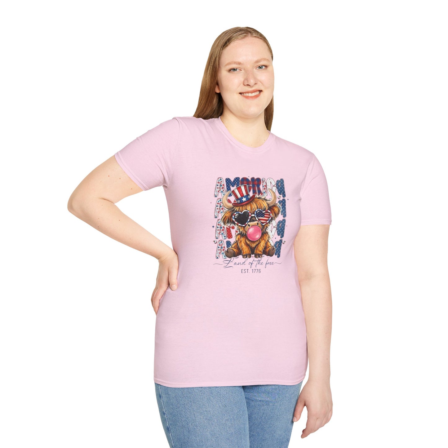 #250 American Flag Bubblegum Patriotic Highland Cow T-Shirt