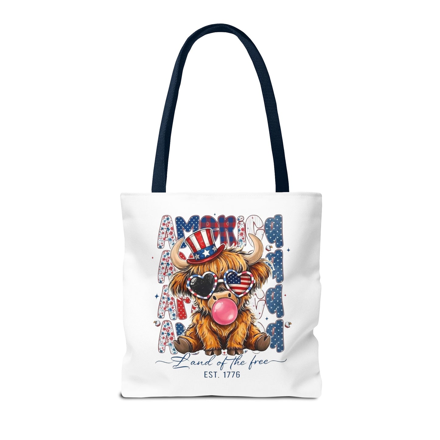 #250 American Flag Bubblegum Patriotic Highland Cow Tote Bag