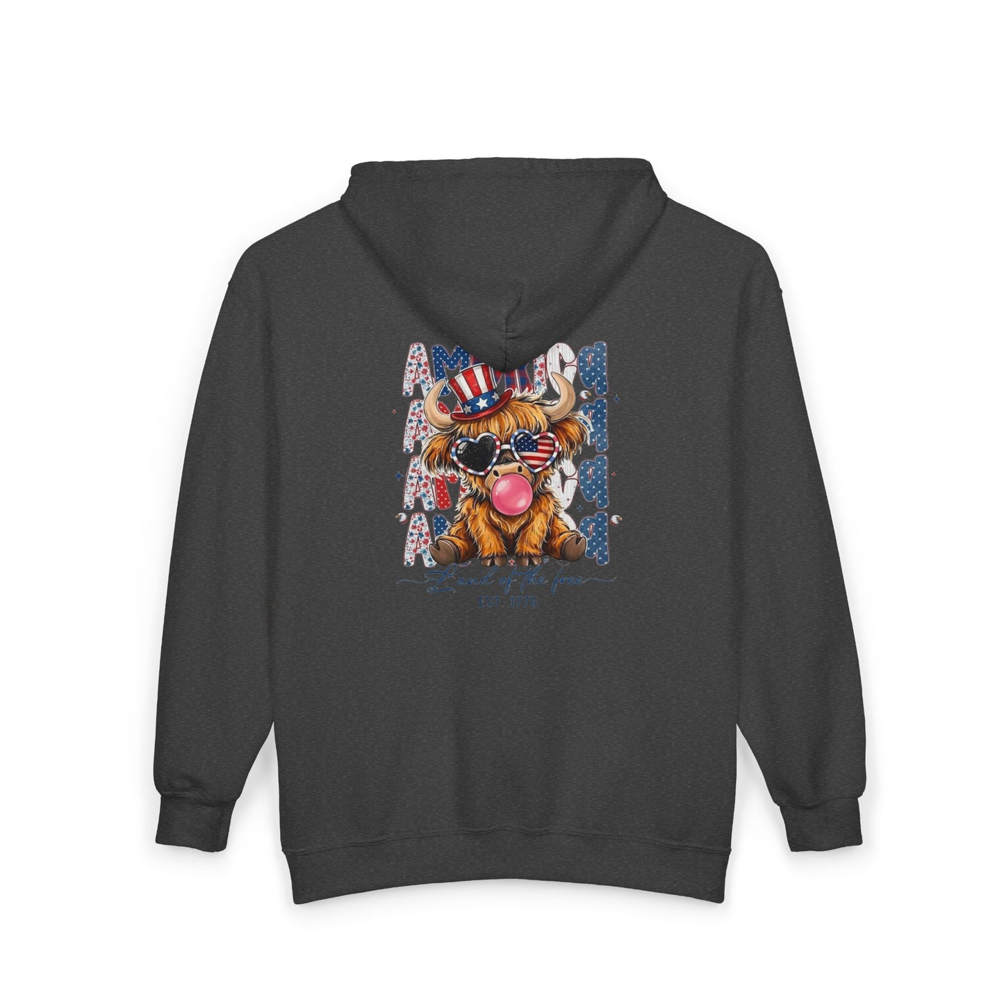 #250 American Flag Bubblegum Patriotic Highland Cow Zip Hoodie