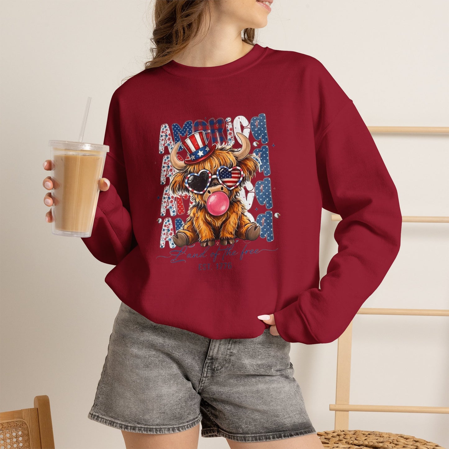 #250 American Flag Bubblegum Patriotic Highland Cow Sweatshirt