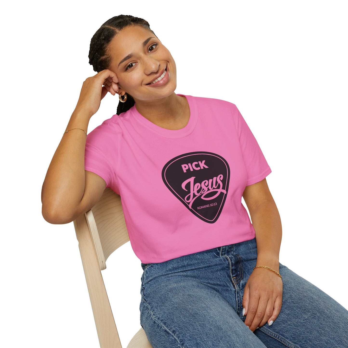 Pick Jesus T-Shirt — Christian Guitar Pick Design (Romans 10:13)