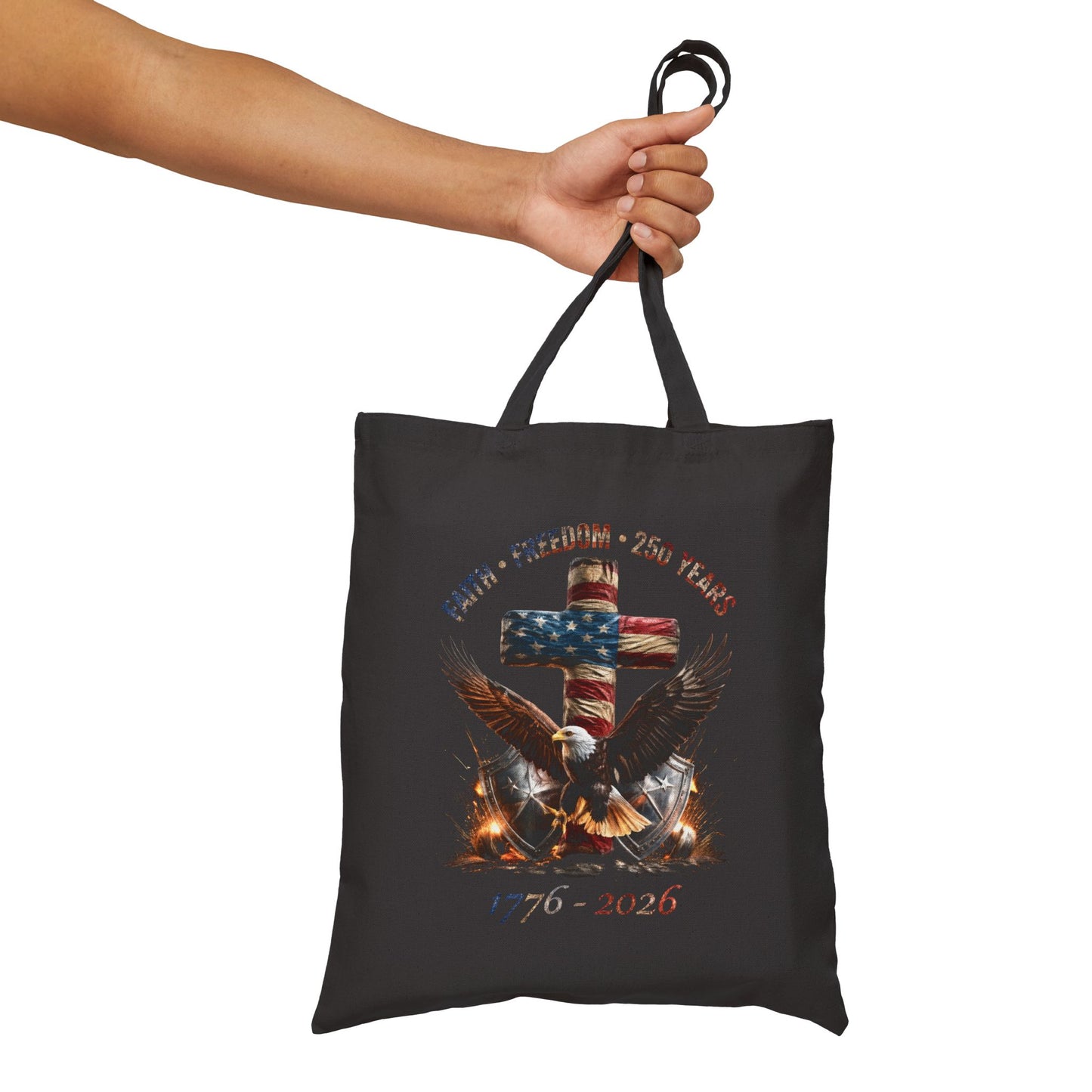 #250 Faith • Freedom 250 Years American Flag Cross & Eagle 1776-2026 Canvas Tote