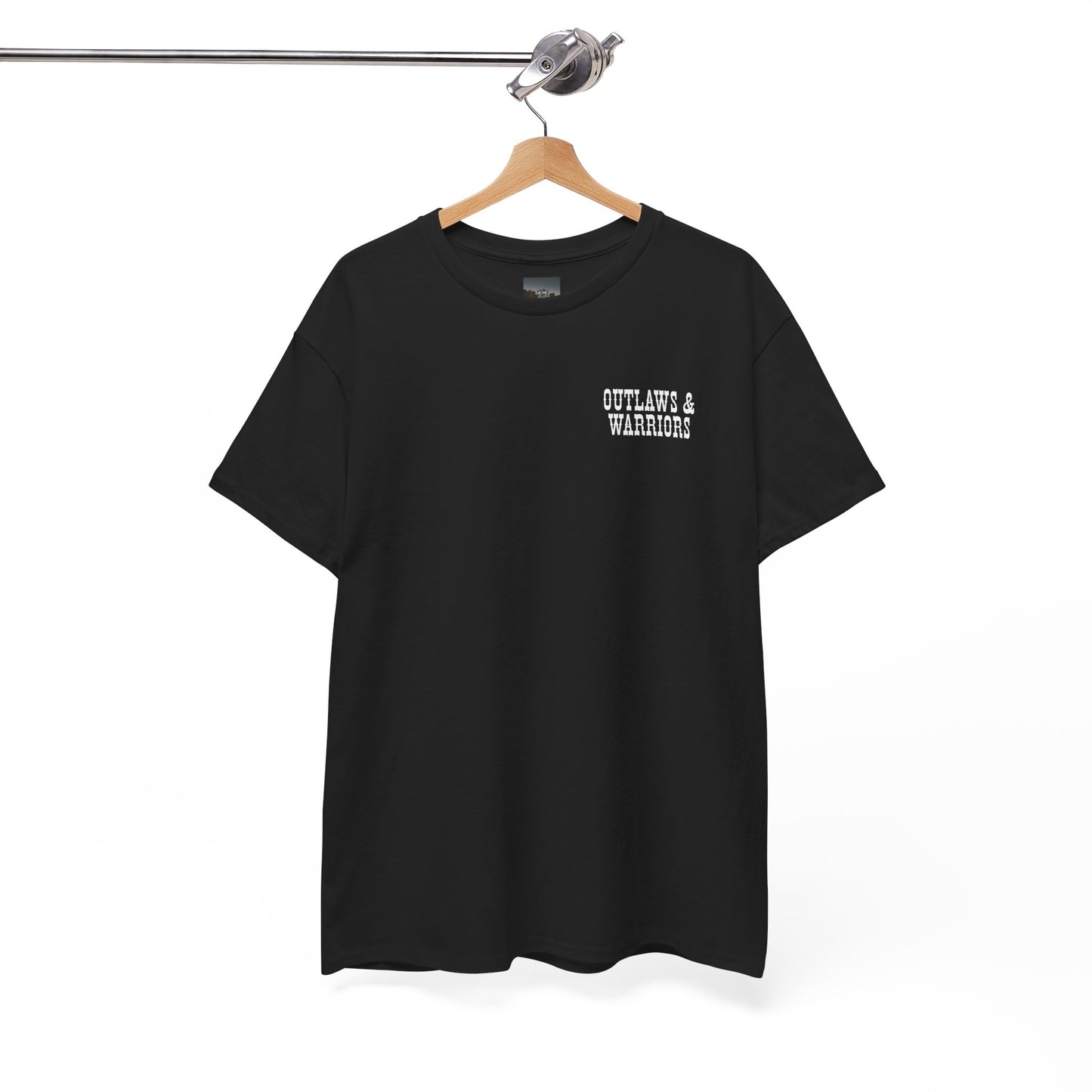 Outlaws & Warriors 100% Cotton T-Shirt — Minimal Chest Logo with Graphic On Back