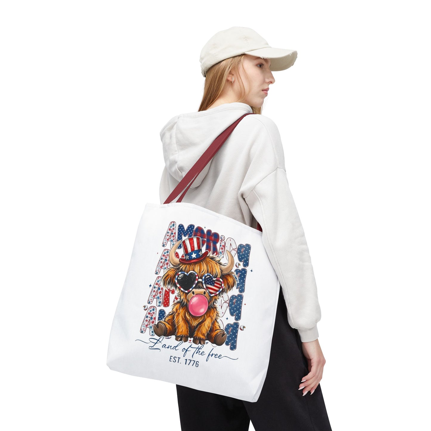 #250 American Flag Bubblegum Patriotic Highland Cow Tote Bag