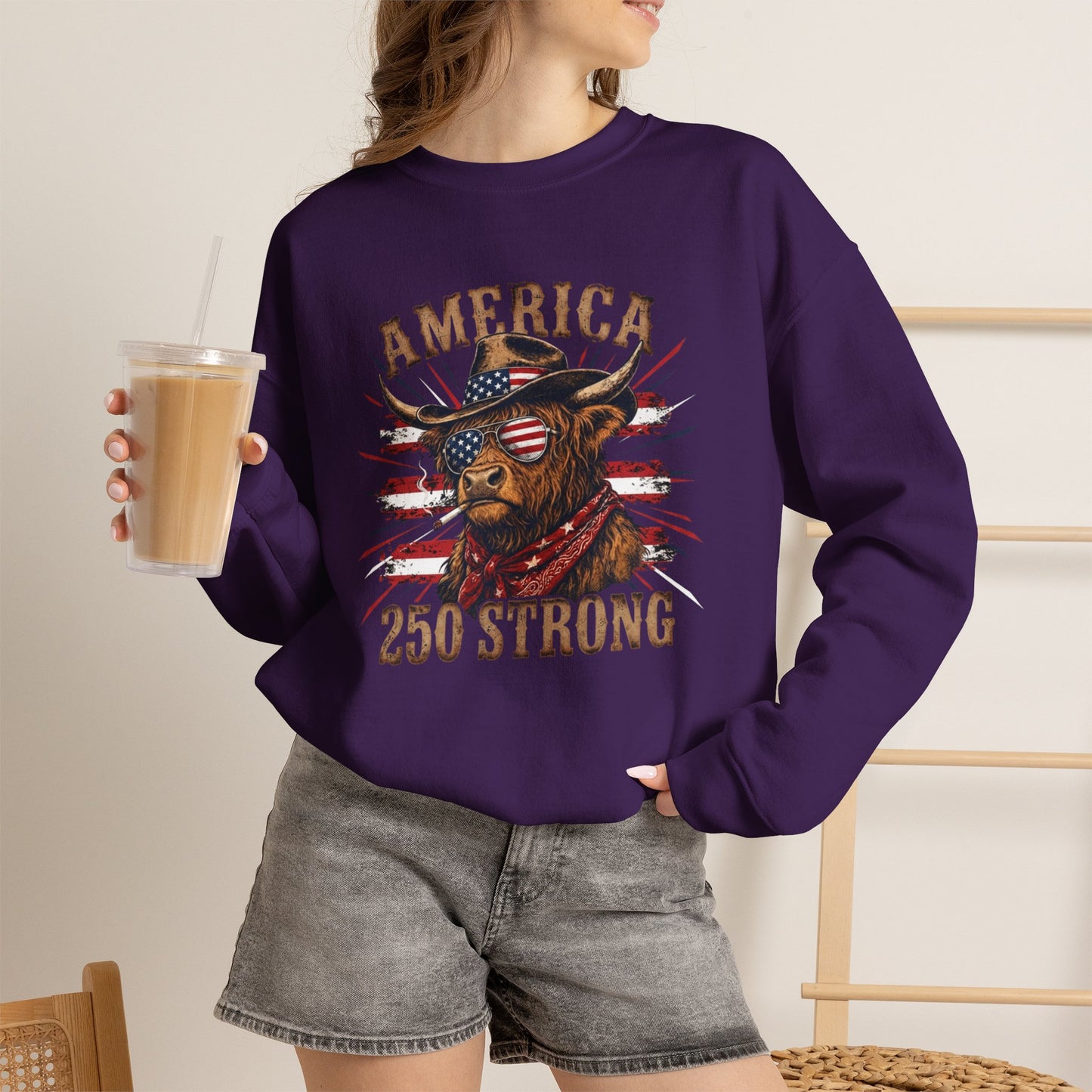 #250 America 250 Strong Patriotic Bull with American Flag Sweatshirt