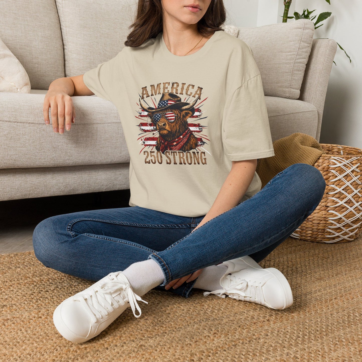 #250 America 250 Strong Patriotic Bull with American Flag T-Shirt