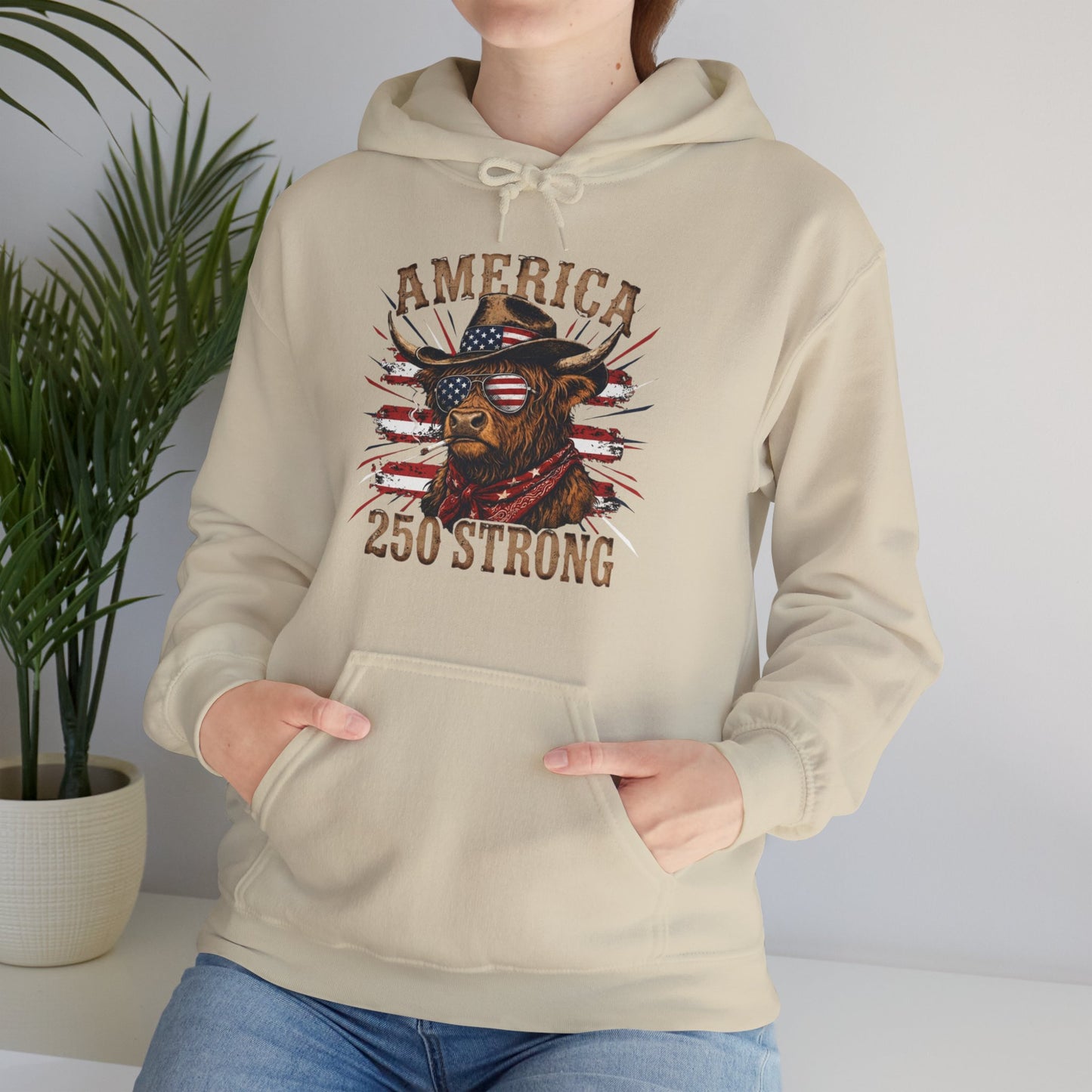 #250 America 250 Strong Patriotic Bull with American Flag Hoodie