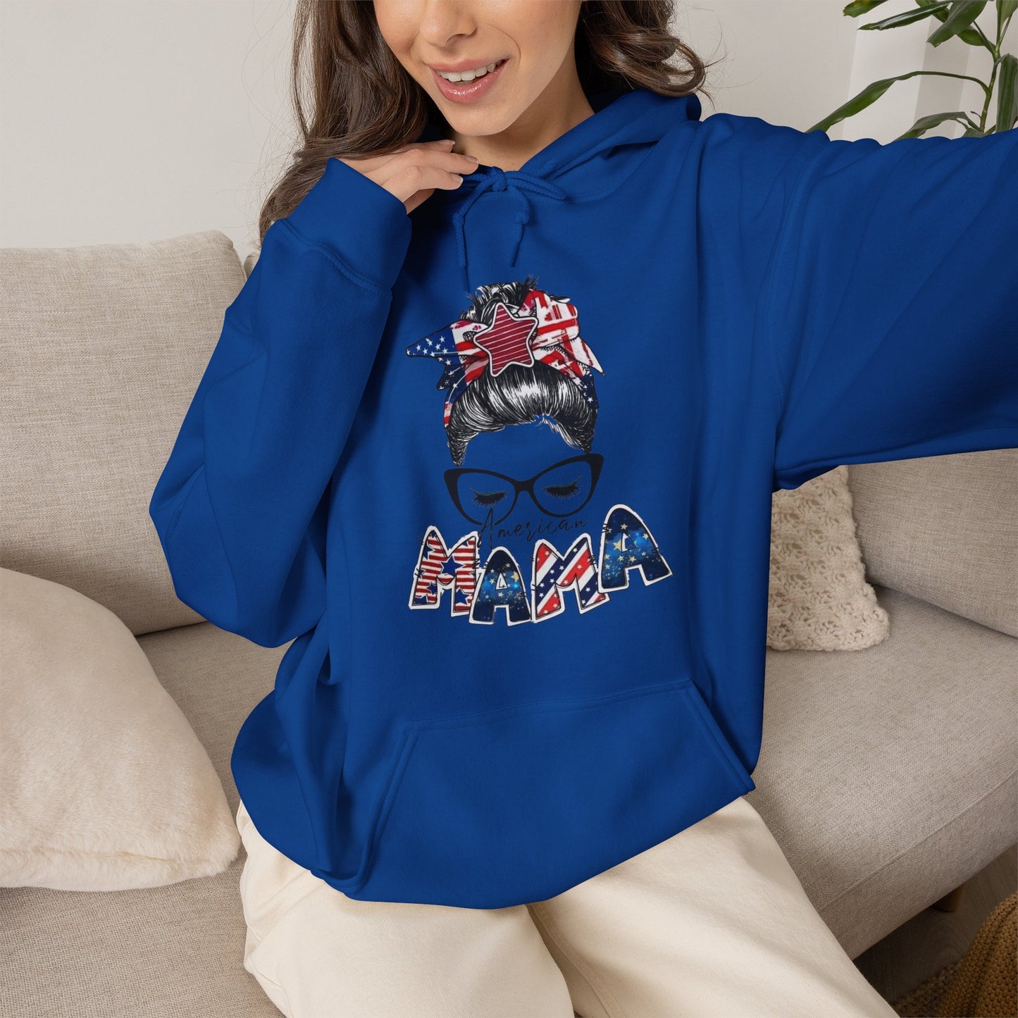 #250 Mama USA Flag Messy Bun Hoodie