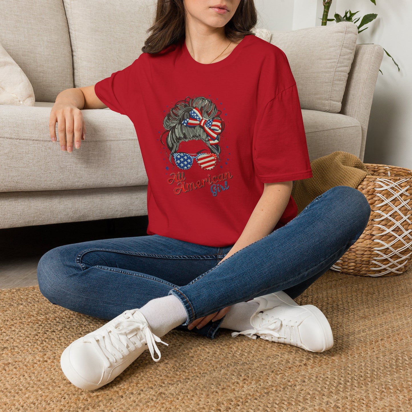 #250 "All American Girl" Patriotic Messy Bun T-Shirt