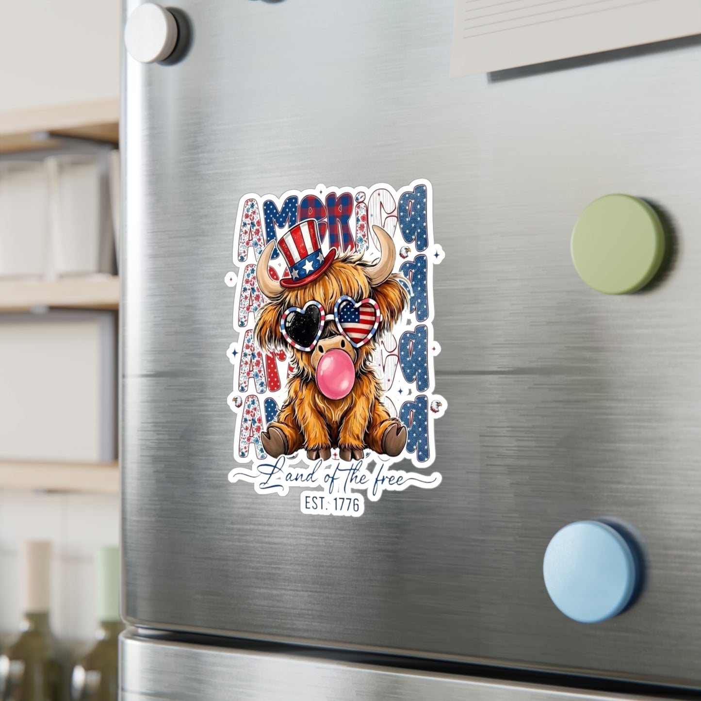 #250 American Flag Bubblegum Patriotic Highland Cow Vinyl Sticker Kiss-Cut Decal (Fourth of July)