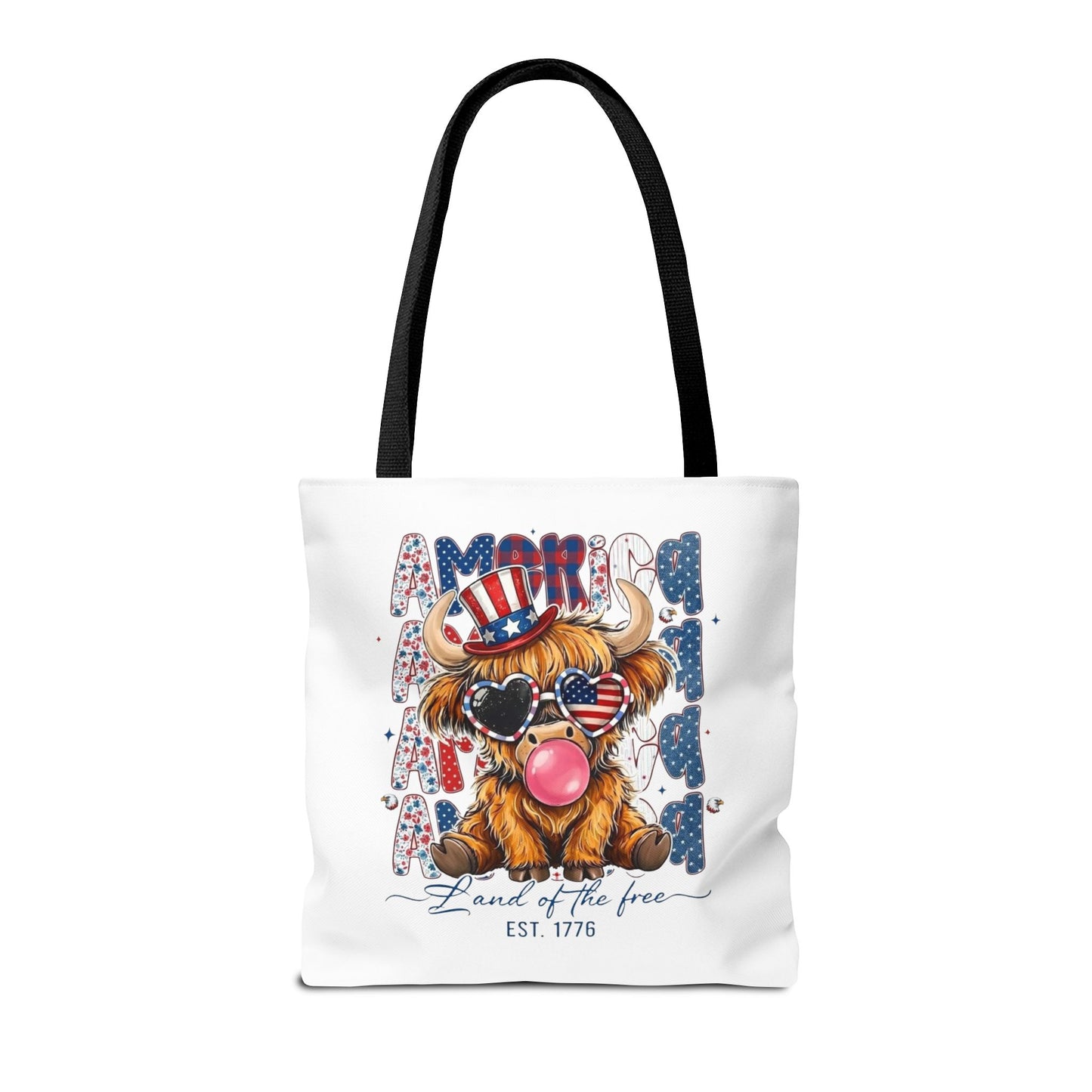#250 American Flag Bubblegum Patriotic Highland Cow Tote Bag
