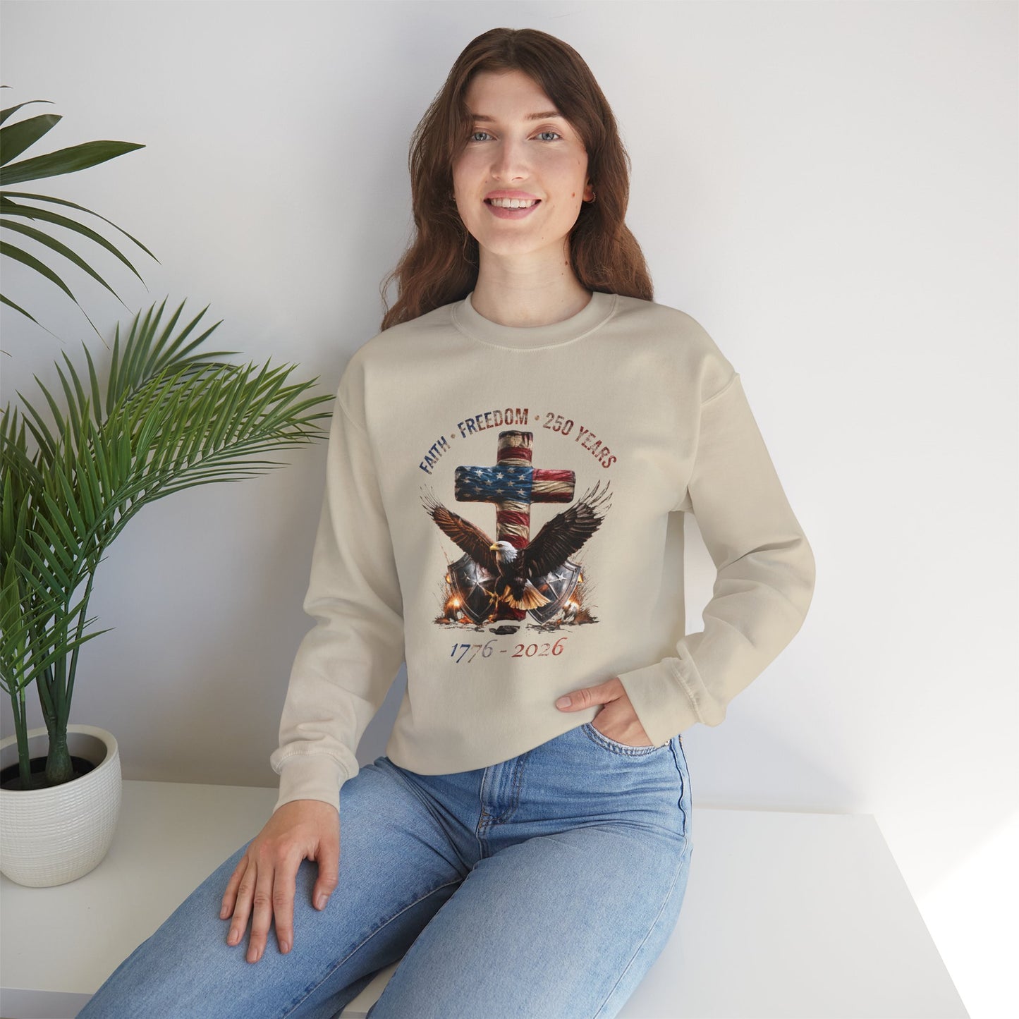 #250 Faith • Freedom 250 Years American Flag Cross & Eagle 1776-2026 Crewneck Sweatshirt