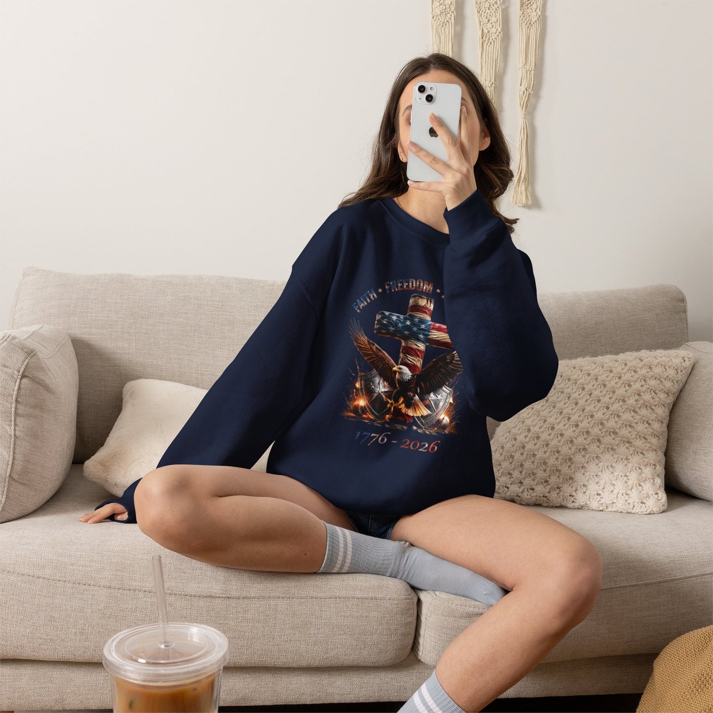 #250 Faith • Freedom 250 Years American Flag Cross & Eagle 1776-2026 Crewneck Sweatshirt