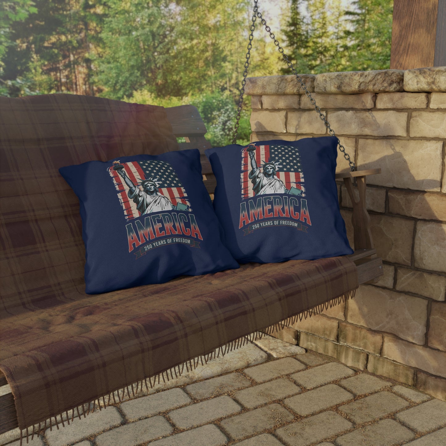 #250 Statue of Liberty American Flag 'America' Patriotic Independence Day Outdoor Throw Pillow